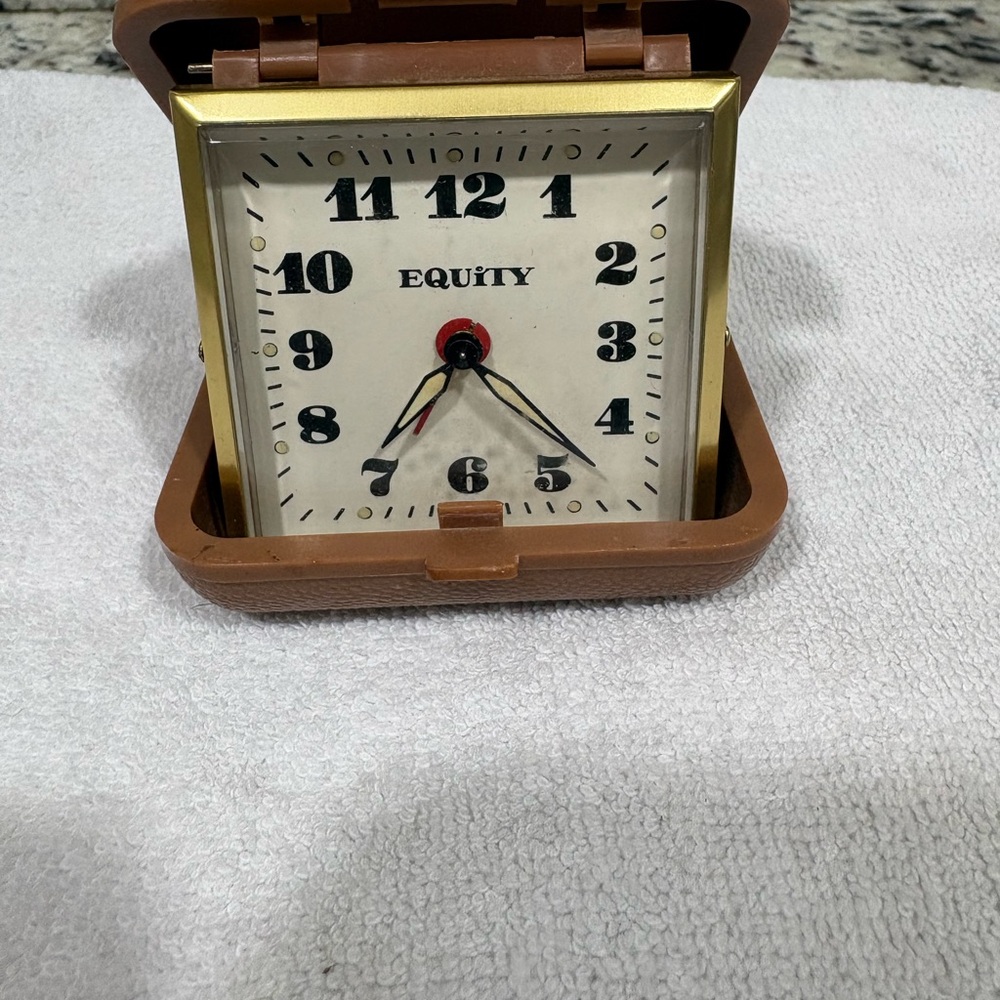 Equity Travel Alarm Clock In Folding Brown Case Vintage Windup